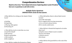 Comprehension Worksheet based on the story " Geo's Island Adventure: Exploring Saint Lucia's Wonders"