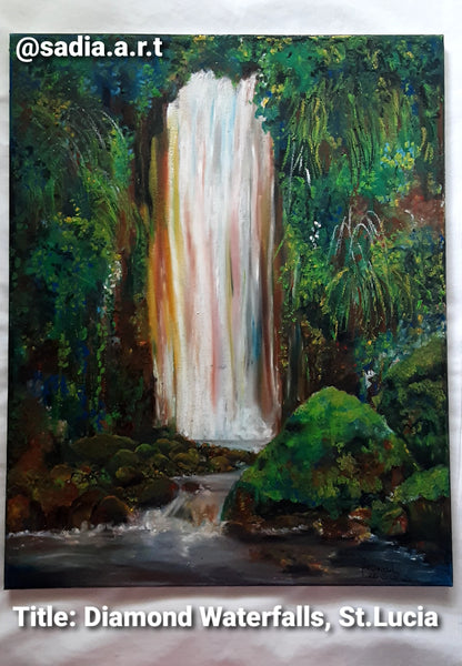 Diamond Waterfalls, Saint Lucia | Original Oil Pastels artwork in Stretched Canvas