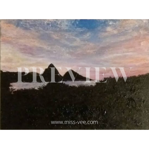 'The Pitons at Sunset' Original Art on Canvas Panel