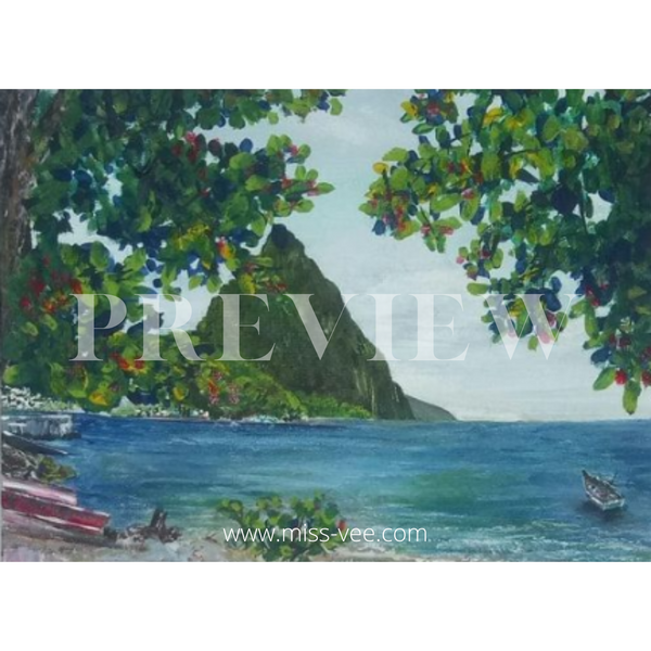 'Petit Piton Seaside View' Original Art on Canvas Panel