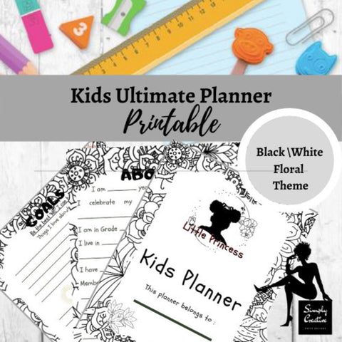 Little Princess Kids Planner including monthly, weekly and daily planning | Kids Goal setting | Black and White Floral Theme