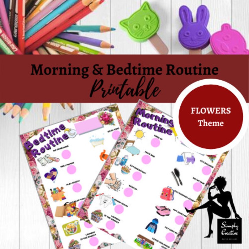 Morning and Bedtime Routine Printable Checklist for all Girls including Children with Special Needs | Flowers Theme Kids Daily Routine