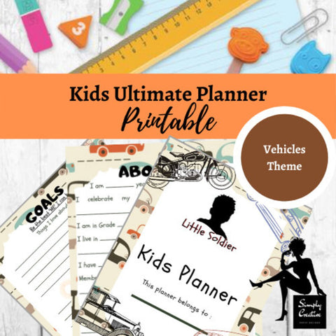 Little Soldier Kids Planner including monthly, weekly and daily planning | Kids Goal setting | Vehicles Theme