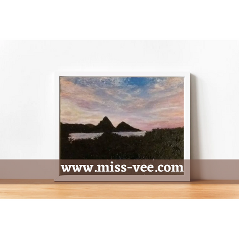 'The Pitons at Sunset' Original Art on Canvas Panel